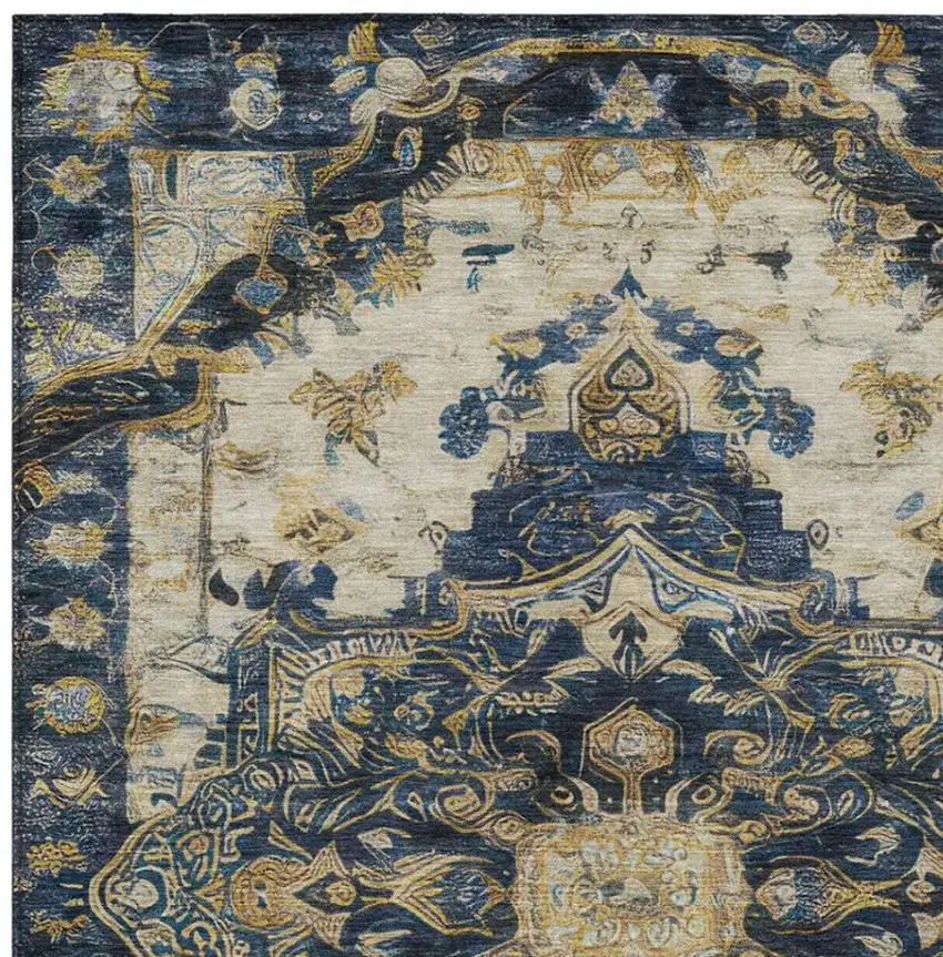 Navy Blue And Blue Floral Medallion Washable Indoor Outdoor Area Rug Photo 5