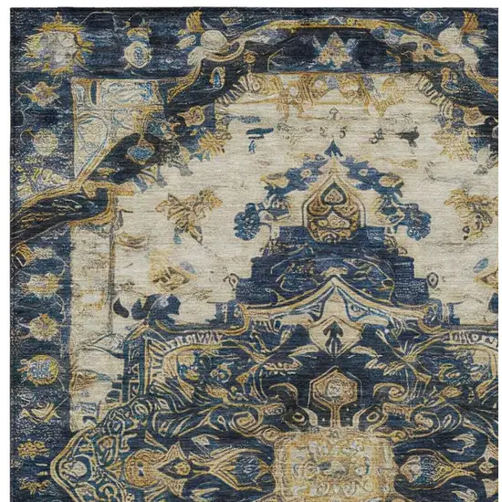 Navy Blue And Blue Floral Medallion Washable Indoor Outdoor Area Rug Photo 5