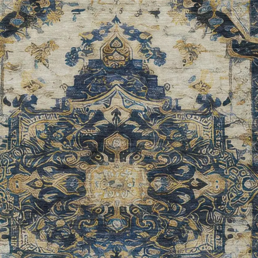 Navy Blue And Blue Floral Medallion Washable Indoor Outdoor Area Rug Photo 4