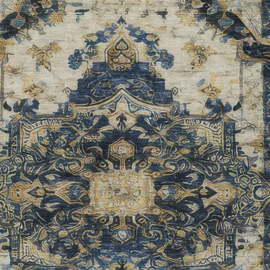 Navy Blue And Blue Floral Medallion Washable Indoor Outdoor Area Rug Photo 4