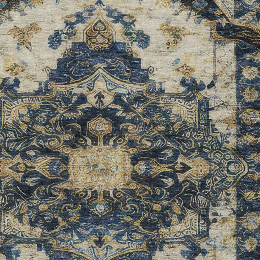 Navy Blue And Blue Floral Medallion Washable Indoor Outdoor Area Rug Photo 9