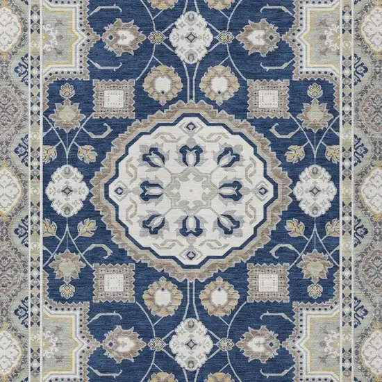 Navy Blue And Blue Floral Medallion Washable Indoor Outdoor Area Rug Photo 1