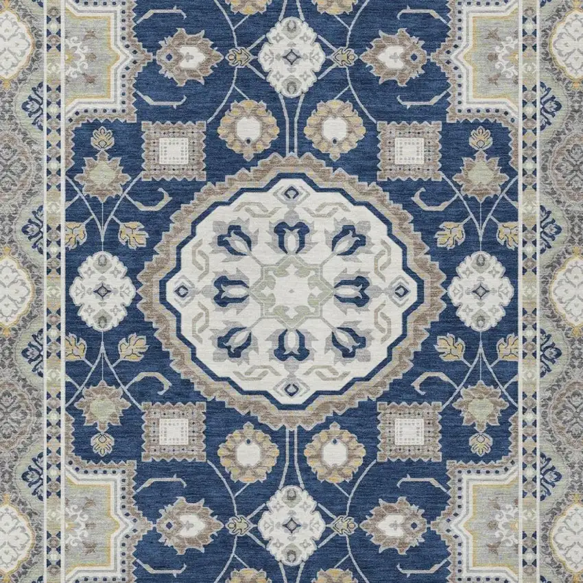 Navy Blue And Blue Floral Medallion Washable Indoor Outdoor Area Rug Photo 1