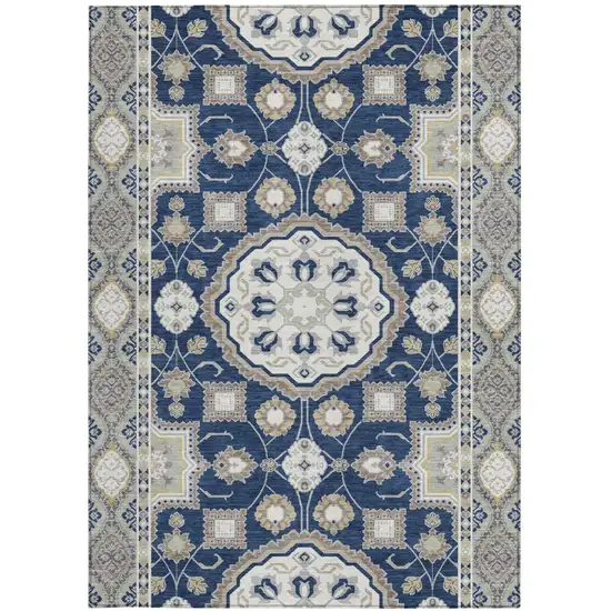 Navy Blue And Blue Floral Medallion Washable Indoor Outdoor Area Rug Photo 3