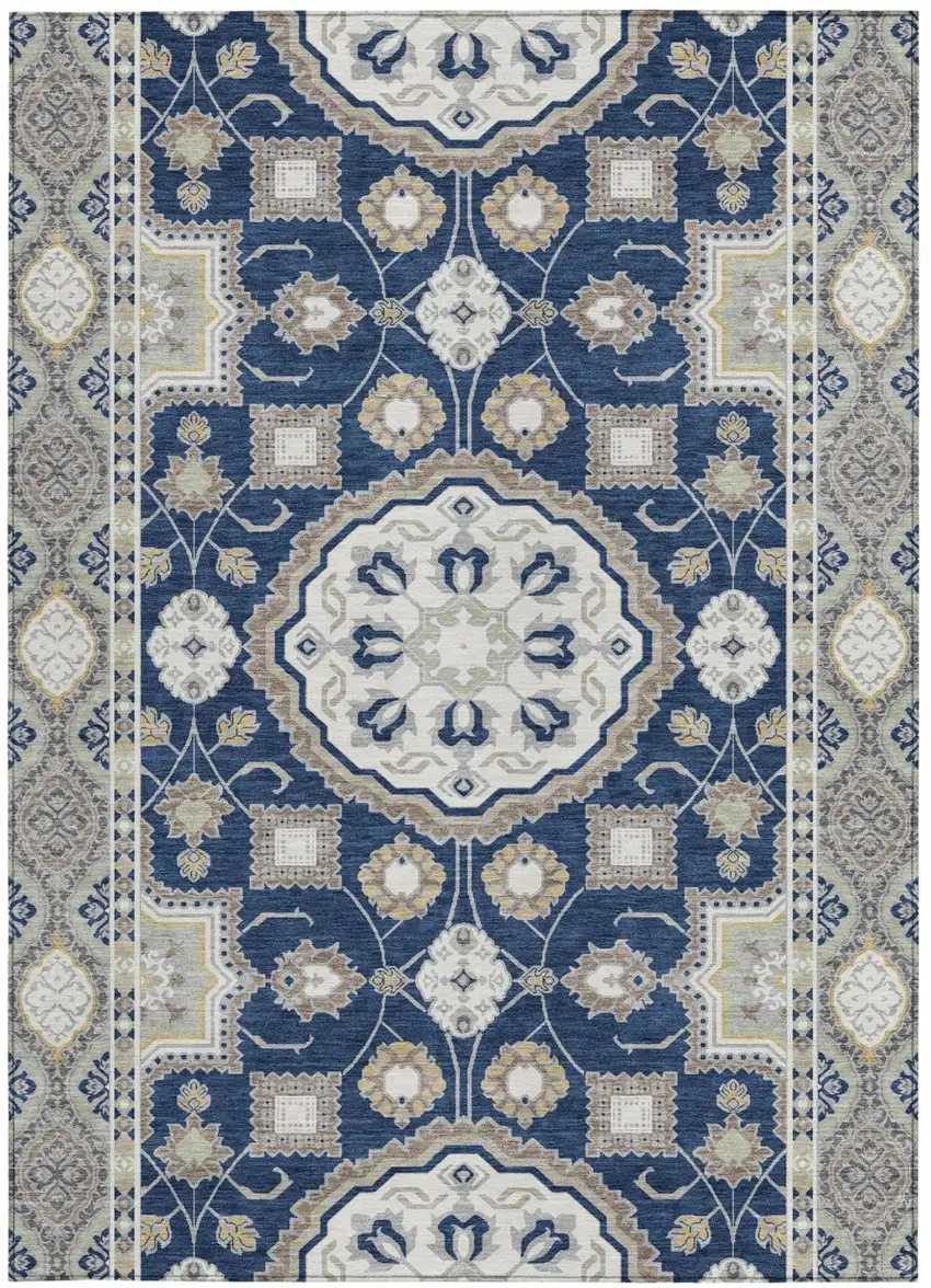 Navy Blue And Blue Floral Medallion Washable Indoor Outdoor Area Rug Photo 3