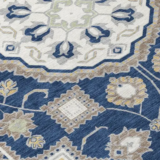 Navy Blue And Blue Floral Medallion Washable Indoor Outdoor Area Rug Photo 5