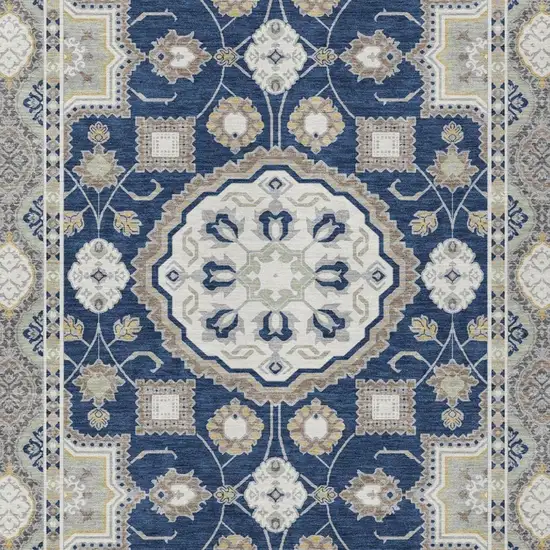 Navy Blue And Blue Floral Medallion Washable Indoor Outdoor Area Rug Photo 2