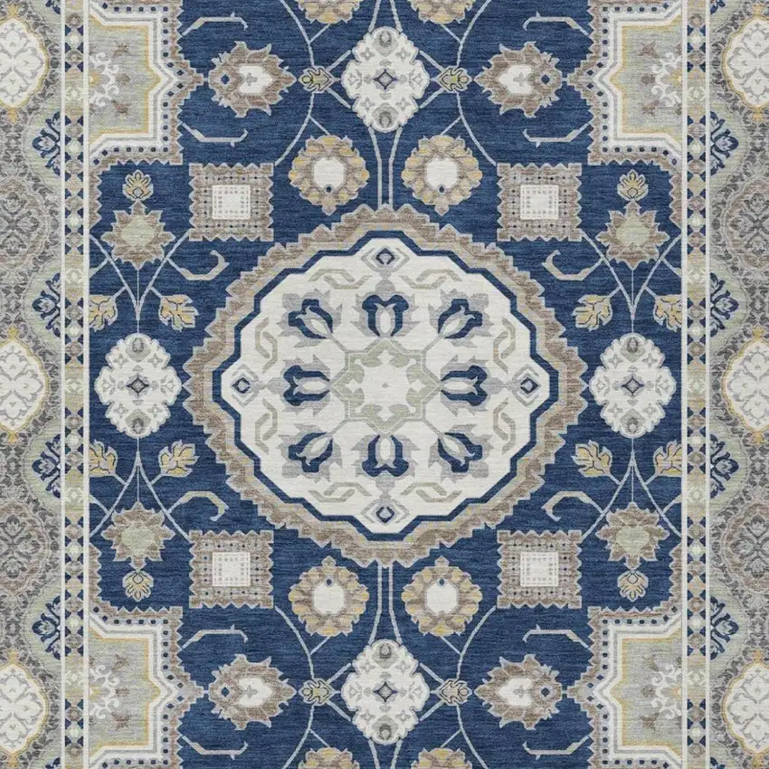 Navy Blue And Blue Floral Medallion Washable Indoor Outdoor Area Rug Photo 2
