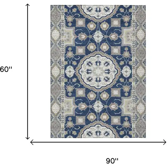 Navy Blue And Blue Floral Medallion Washable Indoor Outdoor Area Rug Photo 6
