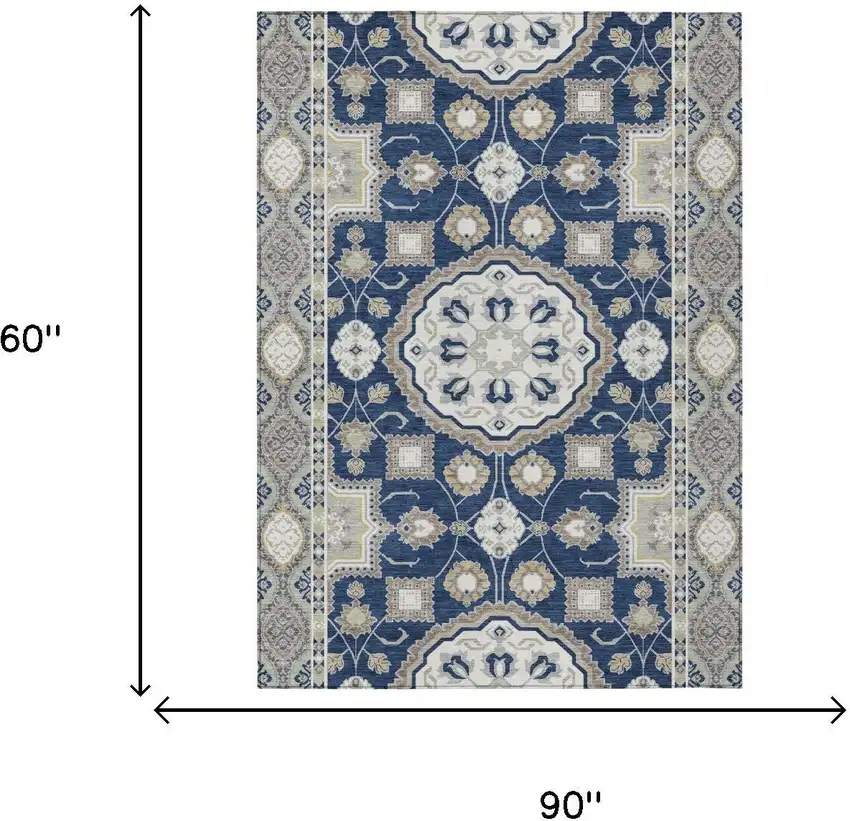 Navy Blue And Blue Floral Medallion Washable Indoor Outdoor Area Rug Photo 6