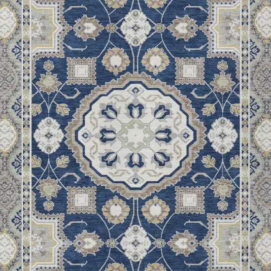 Navy Blue And Blue Floral Medallion Washable Indoor Outdoor Area Rug Photo 3
