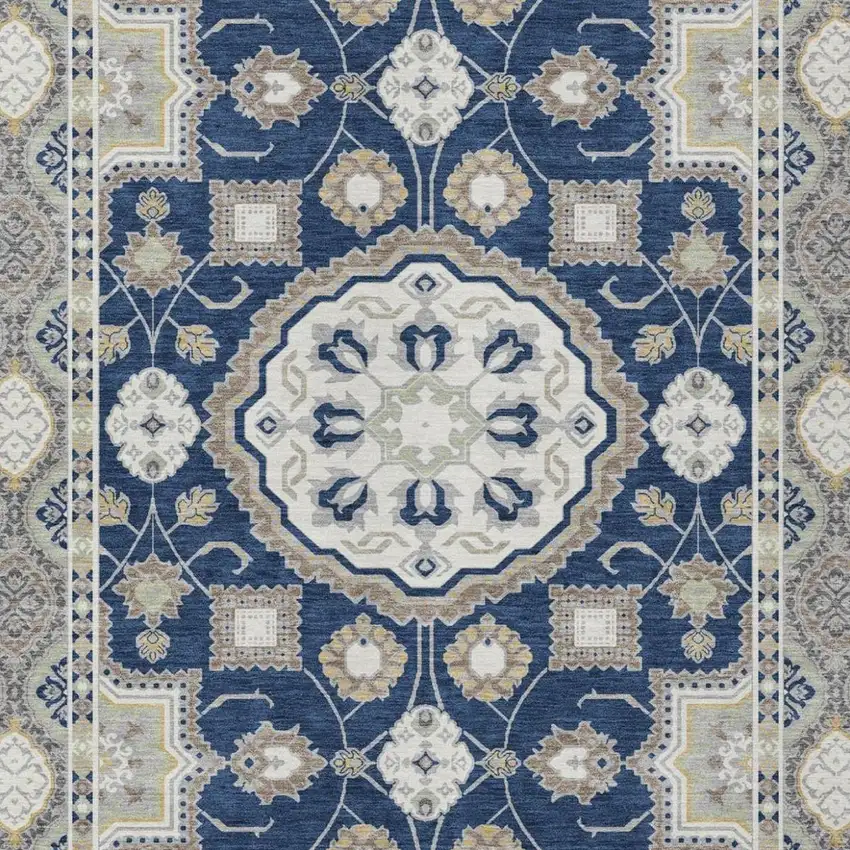 Navy Blue And Blue Floral Medallion Washable Indoor Outdoor Area Rug Photo 3