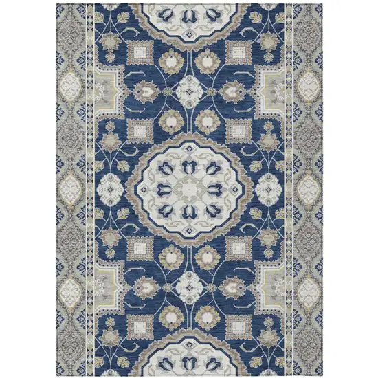 Navy Blue And Blue Floral Medallion Washable Indoor Outdoor Area Rug Photo 1