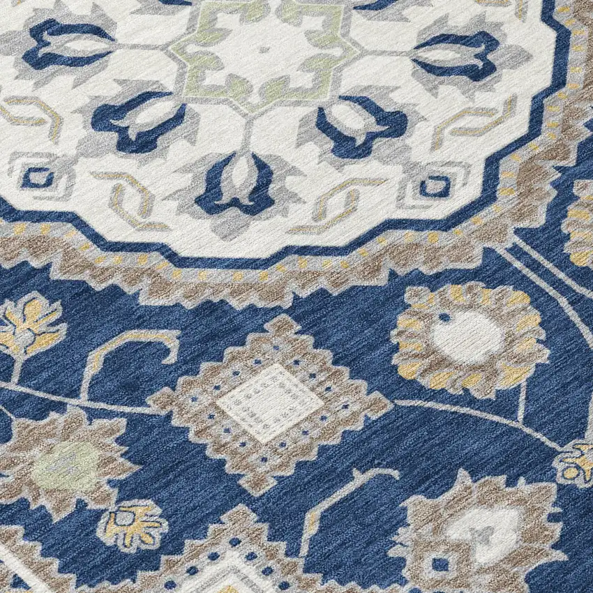 Navy Blue And Blue Floral Medallion Washable Indoor Outdoor Area Rug Photo 5
