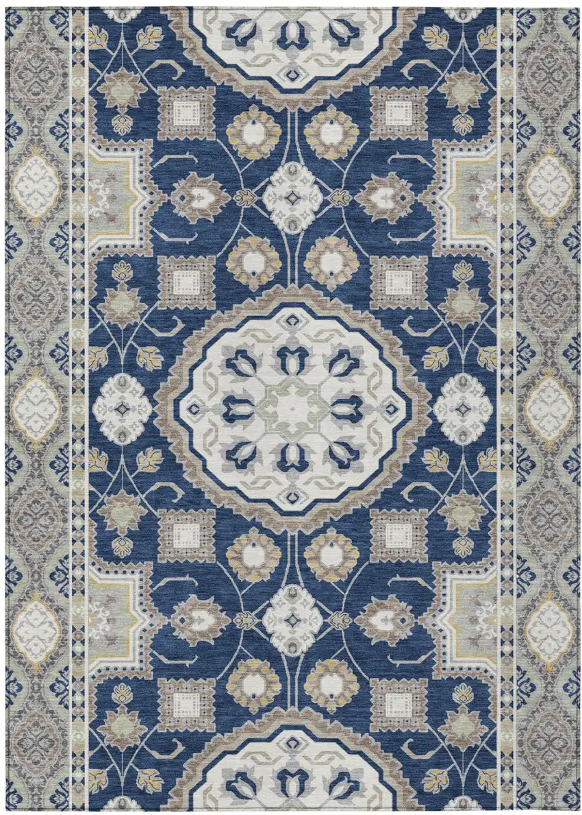 Navy Blue And Blue Floral Medallion Washable Indoor Outdoor Area Rug Photo 1