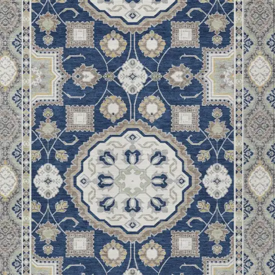 Navy Blue And Blue Floral Medallion Washable Indoor Outdoor Area Rug Photo 2