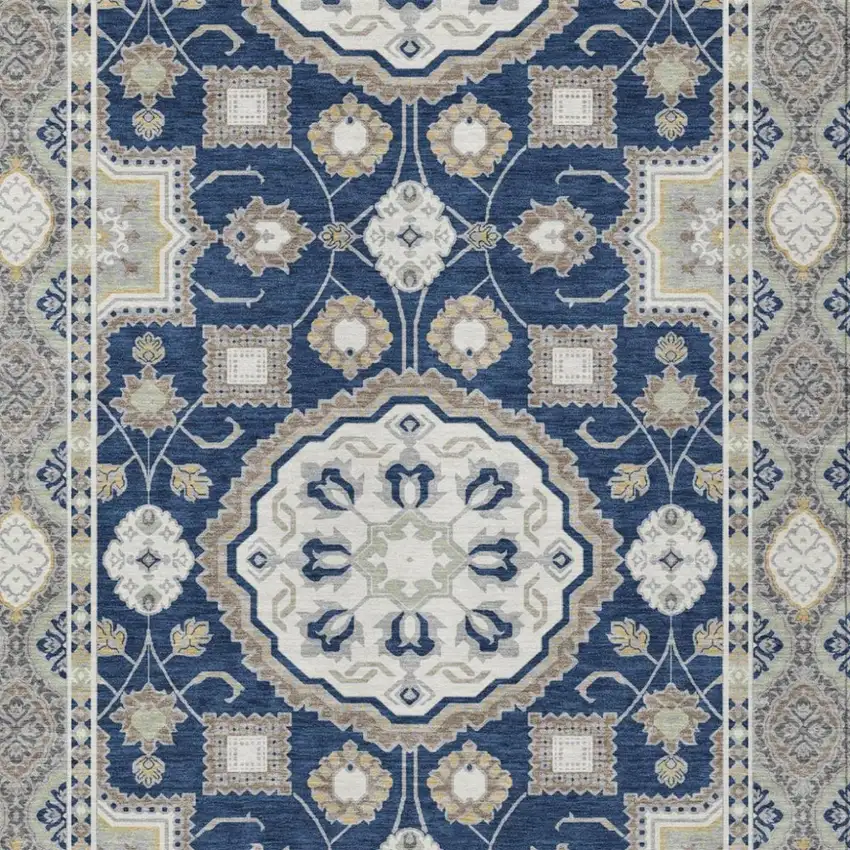Navy Blue And Blue Floral Medallion Washable Indoor Outdoor Area Rug Photo 2