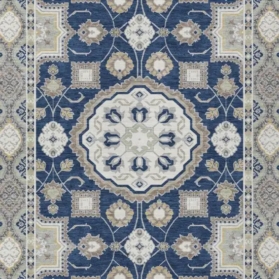 Navy Blue And Blue Floral Medallion Washable Indoor Outdoor Area Rug Photo 3