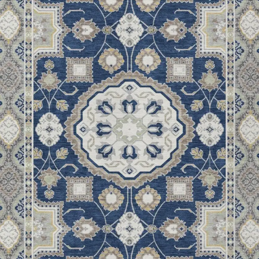 Navy Blue And Blue Floral Medallion Washable Indoor Outdoor Area Rug Photo 3