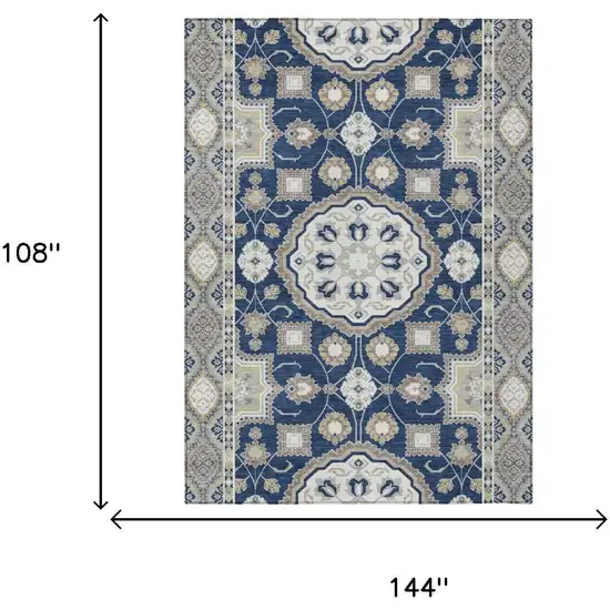 Navy Blue And Blue Floral Medallion Washable Indoor Outdoor Area Rug Photo 6