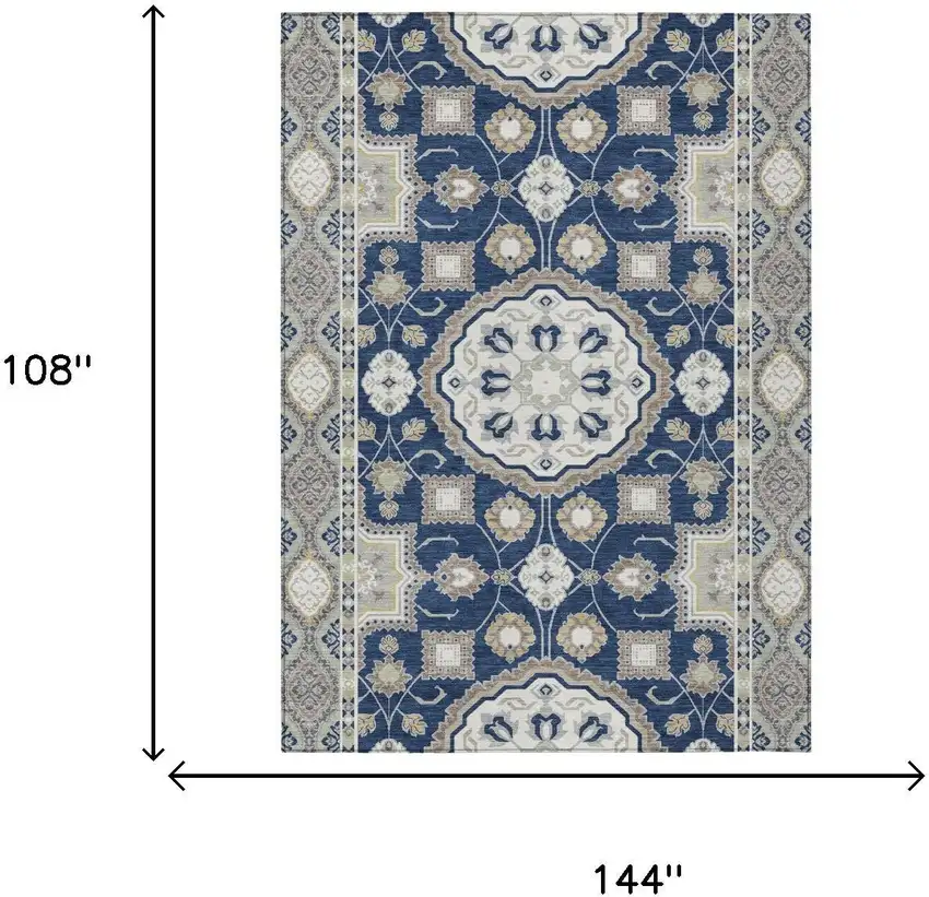 Navy Blue And Blue Floral Medallion Washable Indoor Outdoor Area Rug Photo 6