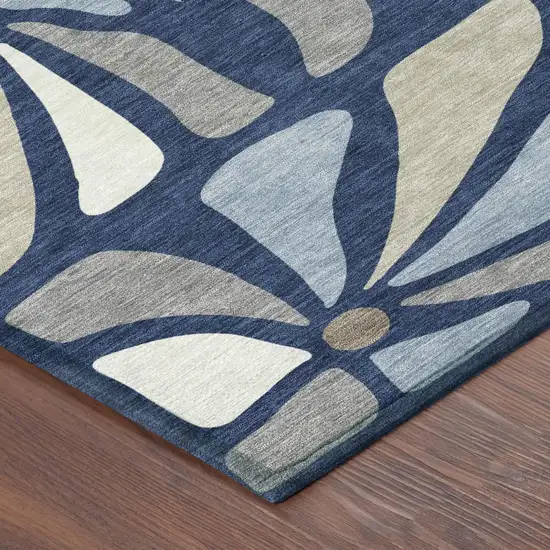 Navy Blue And Blue Floral Washable Indoor Outdoor Area Rug Photo 4