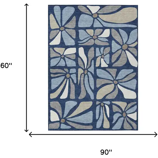 Navy Blue And Blue Floral Washable Indoor Outdoor Area Rug Photo 6