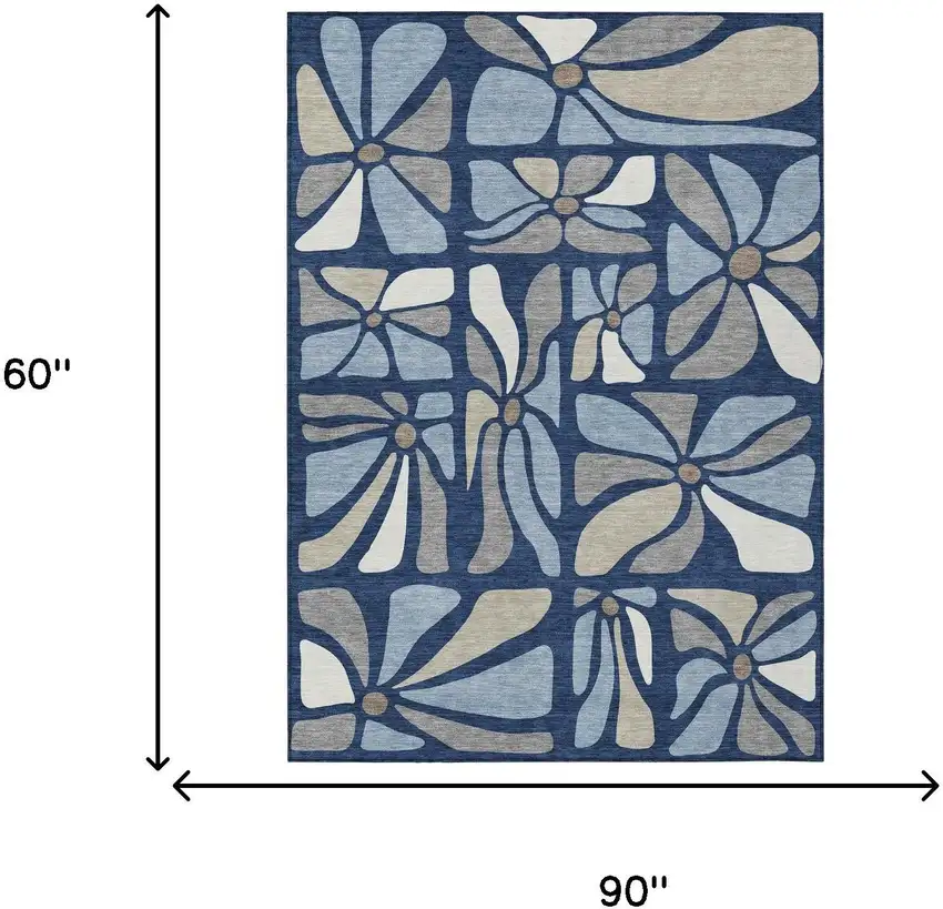 Navy Blue And Blue Floral Washable Indoor Outdoor Area Rug Photo 6