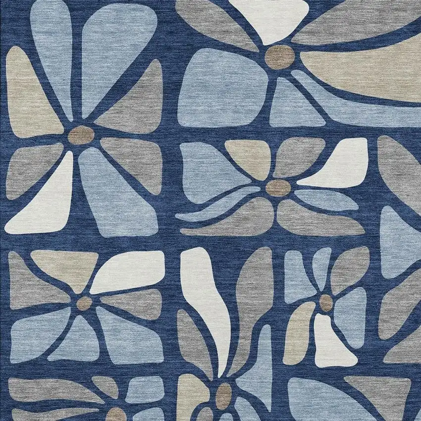 Navy Blue And Blue Floral Washable Indoor Outdoor Area Rug Photo 2