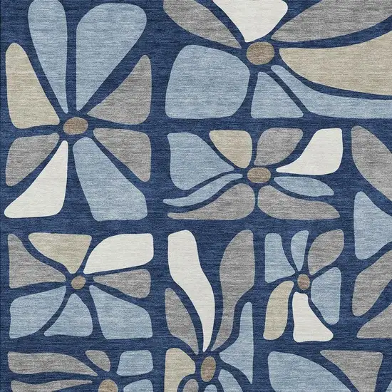 Navy Blue And Blue Floral Washable Indoor Outdoor Area Rug Photo 2