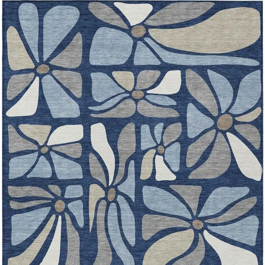 Navy Blue And Blue Floral Washable Indoor Outdoor Area Rug Photo 3