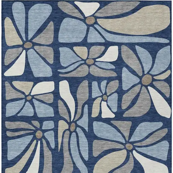 Navy Blue And Blue Floral Washable Indoor Outdoor Area Rug Photo 3