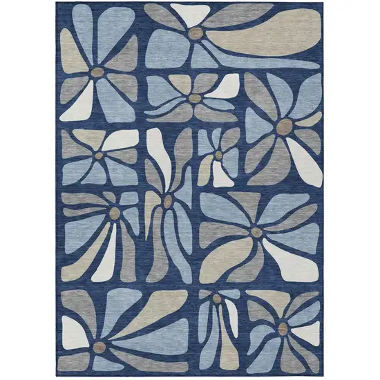 Navy Blue And Blue Floral Washable Indoor Outdoor Area Rug Photo 1