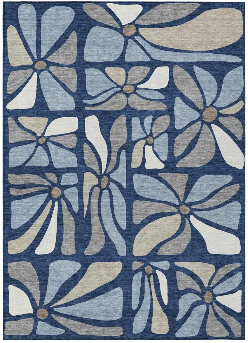 Navy Blue And Blue Floral Washable Indoor Outdoor Area Rug Photo 1