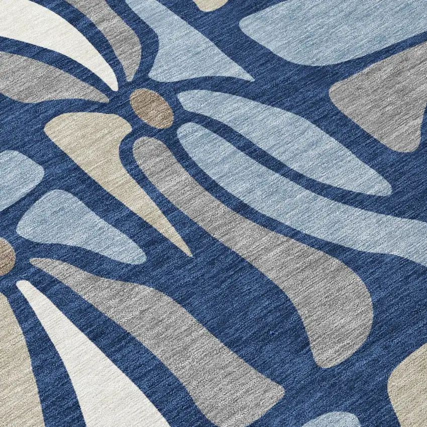 Navy Blue And Blue Floral Washable Indoor Outdoor Area Rug Photo 5