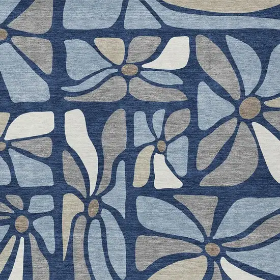 Navy Blue And Blue Floral Washable Indoor Outdoor Area Rug Photo 2