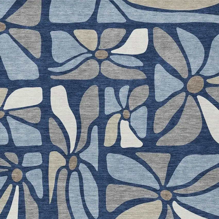 Navy Blue And Blue Floral Washable Indoor Outdoor Area Rug Photo 2