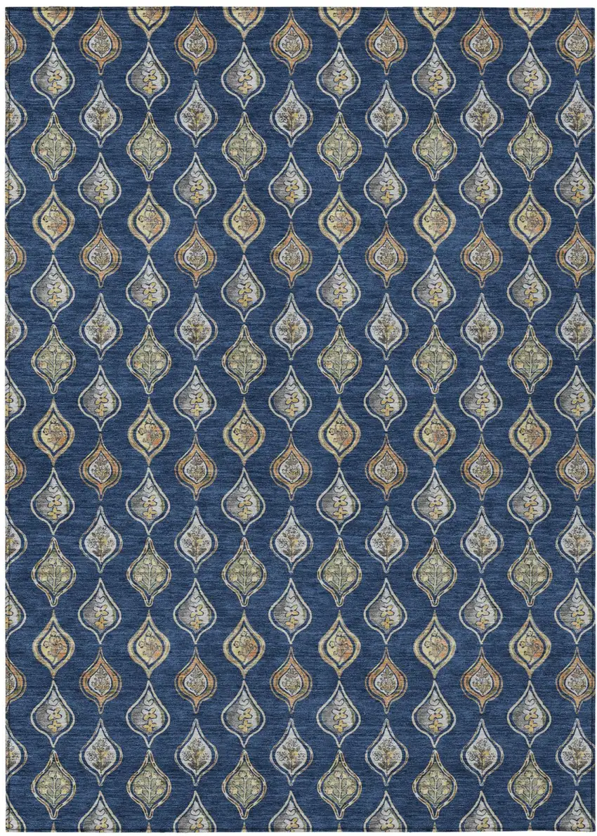Navy Blue And Blue Floral Washable Indoor Outdoor Area Rug Photo 1