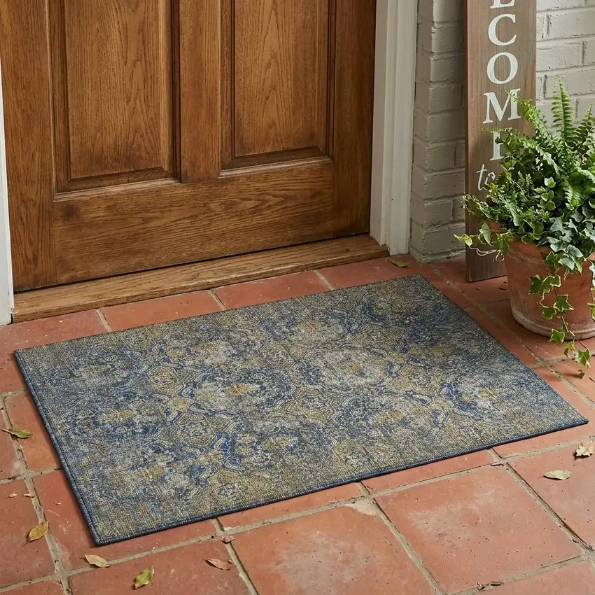 Navy Blue And Blue Floral Washable Indoor Outdoor Area Rug Photo 1