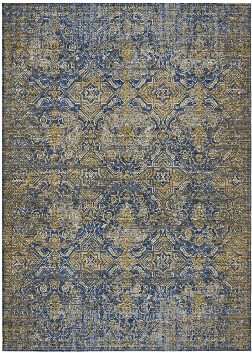 Navy Blue And Blue Floral Washable Indoor Outdoor Area Rug Photo 2