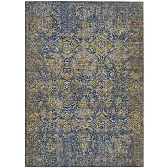 Navy Blue And Blue Floral Washable Indoor Outdoor Area Rug Photo 2