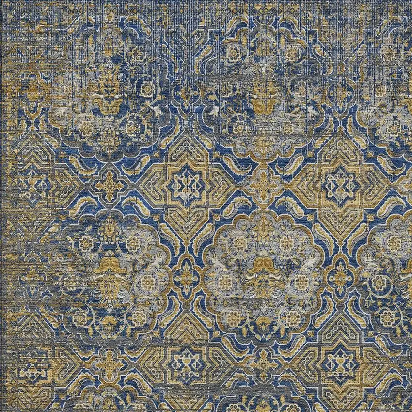 Navy Blue And Blue Floral Washable Indoor Outdoor Area Rug Photo 3