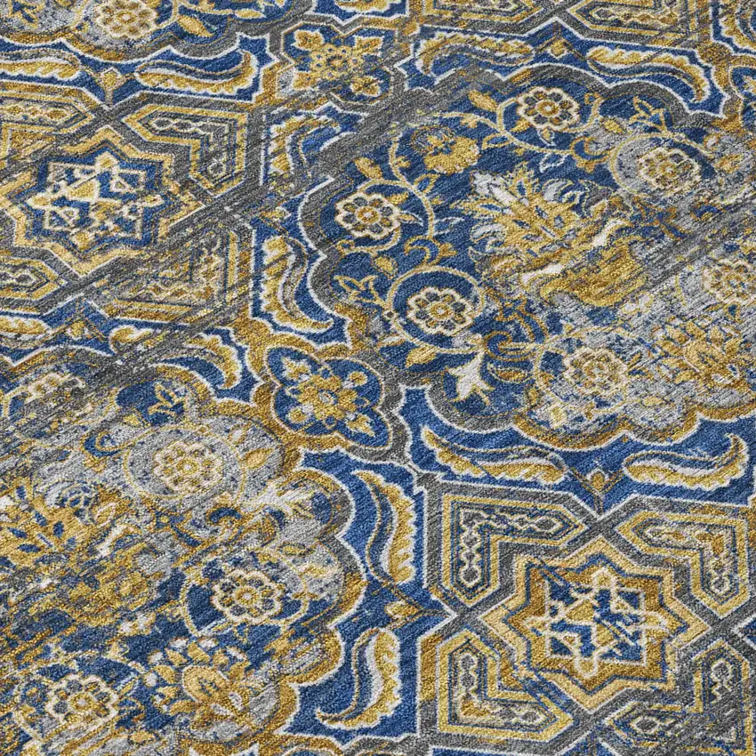 Navy Blue And Blue Floral Washable Indoor Outdoor Area Rug Photo 6