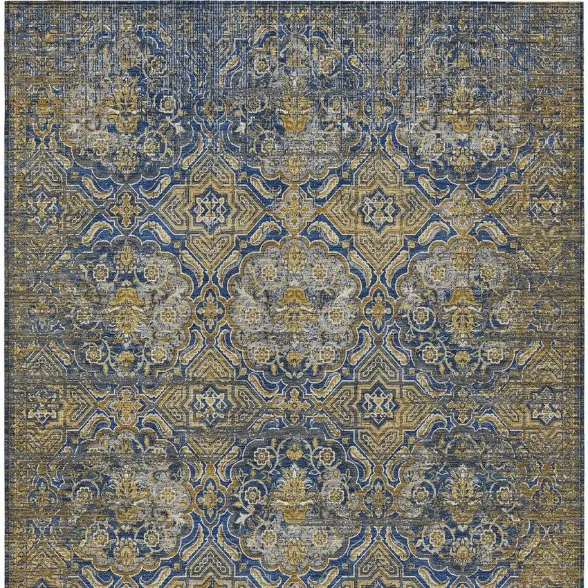Navy Blue And Blue Floral Washable Indoor Outdoor Area Rug Photo 4