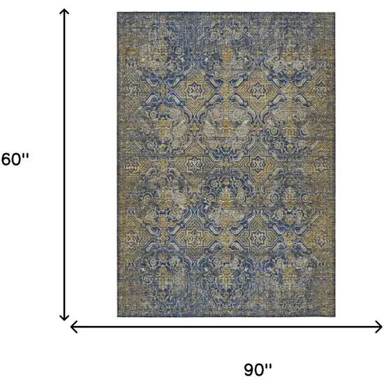 Navy Blue And Blue Floral Washable Indoor Outdoor Area Rug Photo 7
