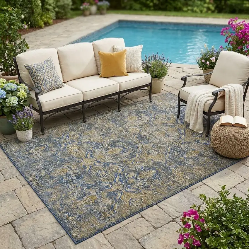 Navy Blue And Blue Floral Washable Indoor Outdoor Area Rug Photo 1