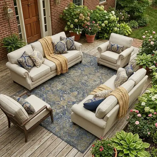 Navy Blue And Blue Floral Washable Indoor Outdoor Area Rug Photo 1