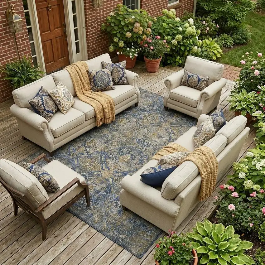 Navy Blue And Blue Floral Washable Indoor Outdoor Area Rug Photo 1