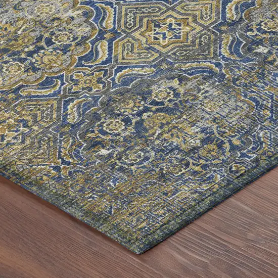 Navy Blue And Blue Floral Washable Indoor Outdoor Area Rug Photo 5