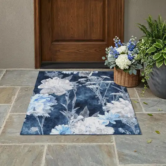 Navy Blue And Blue Floral Washable Indoor Outdoor Area Rug Photo 1